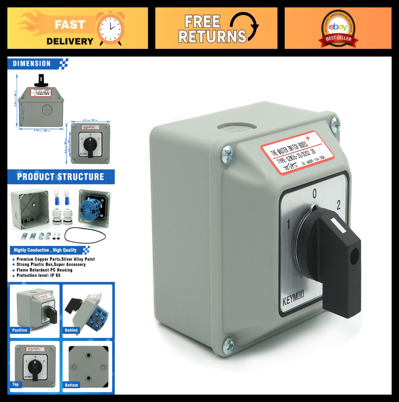 25A Rotary Changeover Switch for Solar Power, 3 Position, 2 Phase, 8 Terminals,