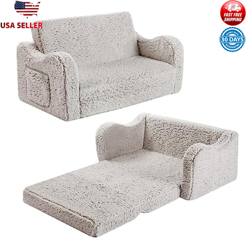 Kids Sherpa Convertible Sofa Lounger Girls Boys 18M 2-in-1 Soft Couch Grey New
