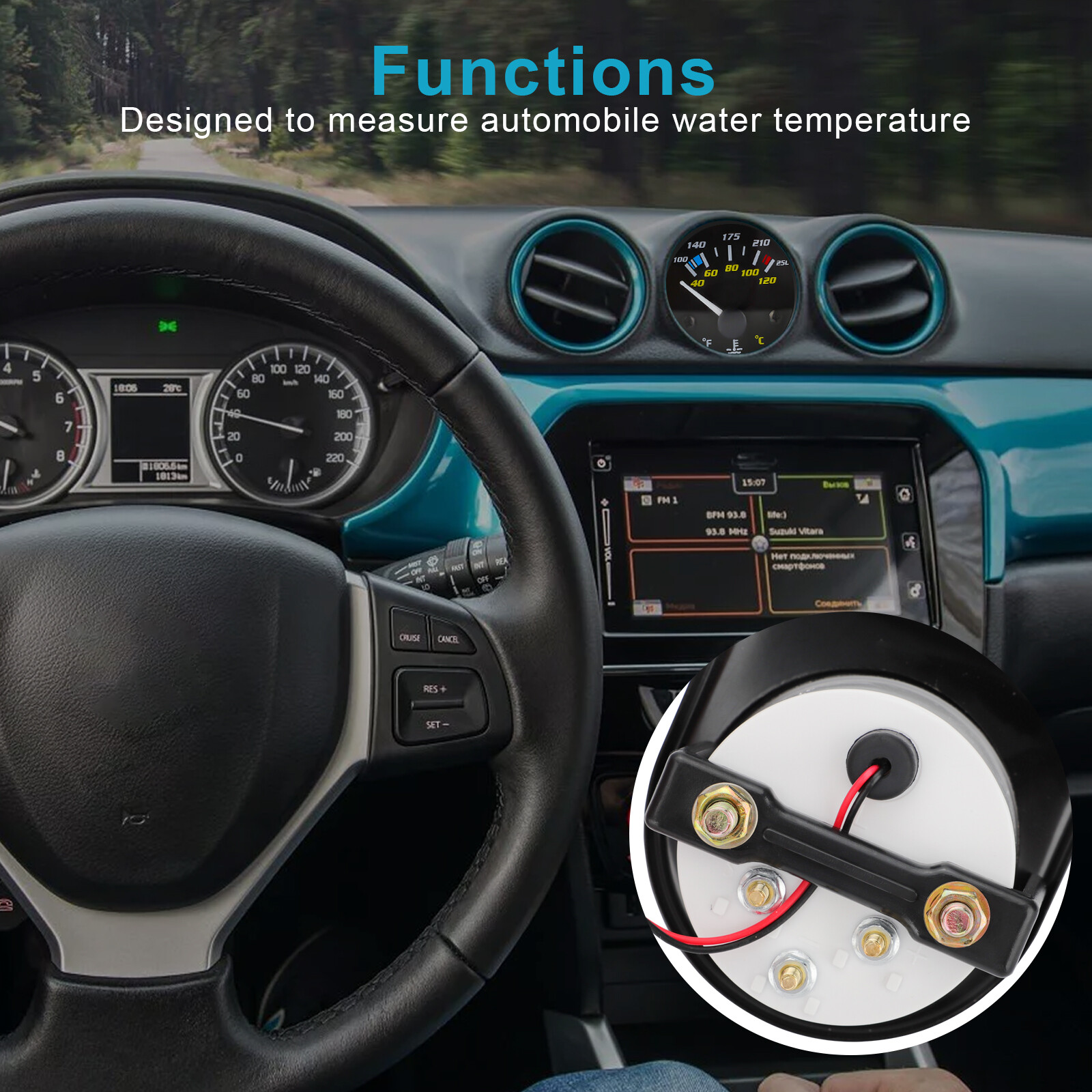 2" 52mm Pointer Car Water Temp Temperature Gauge 100-250℉ W/ Sensor Rack Black