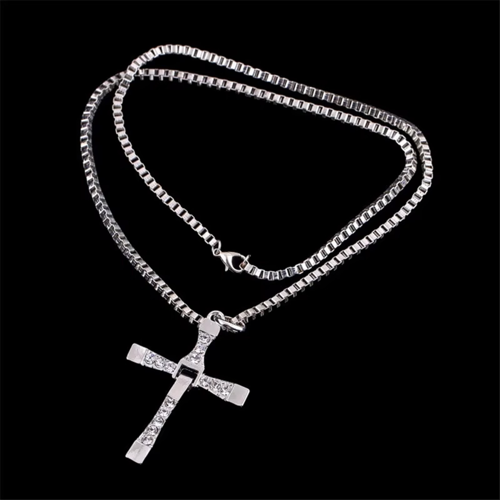 Fast & Furious Toretto Jesus Cross Rhinestone Large Pendant Silver Necklace