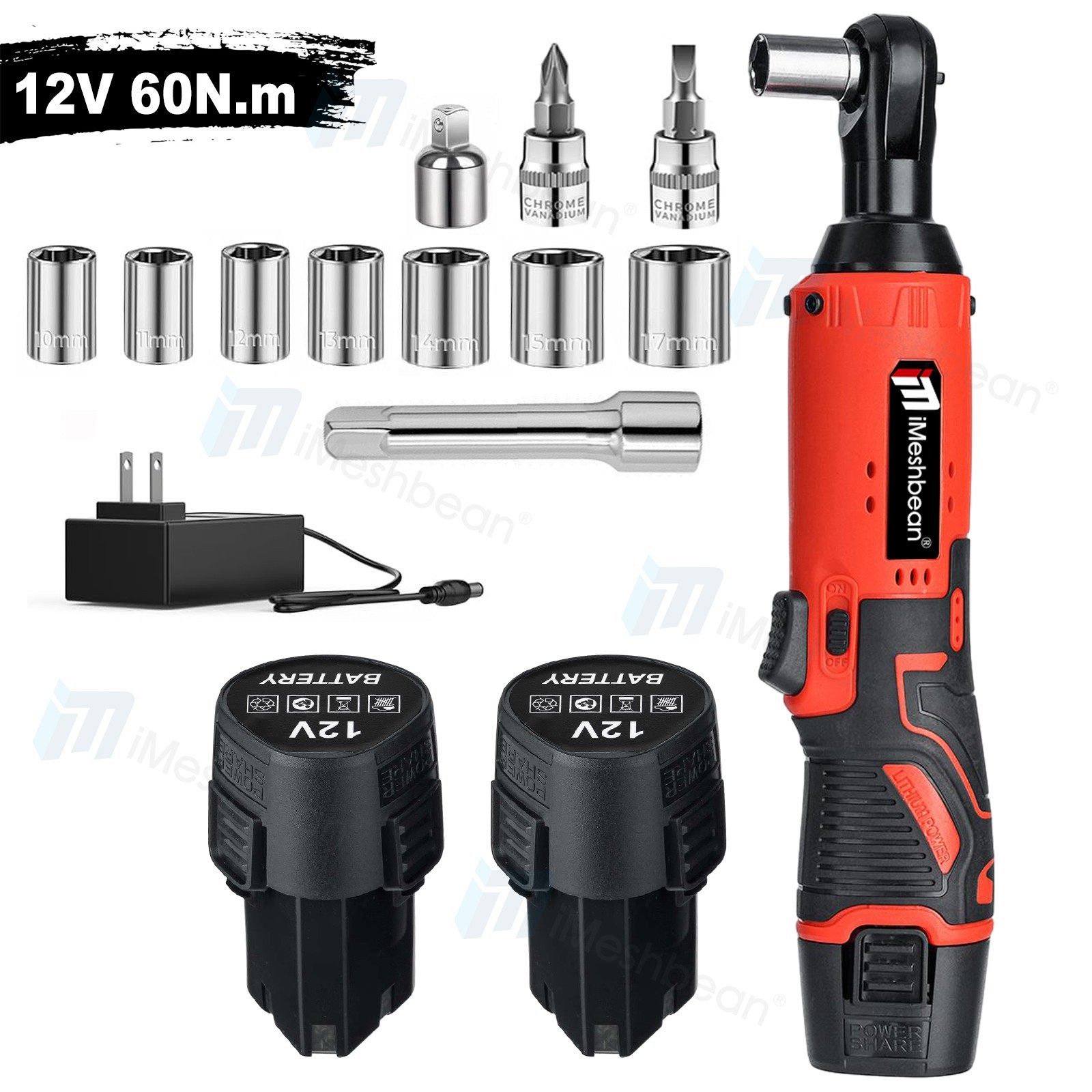 12V Electric Cordless Ratchet 3/8"Right Angle Wrench Impact Power Tool 2 Battery