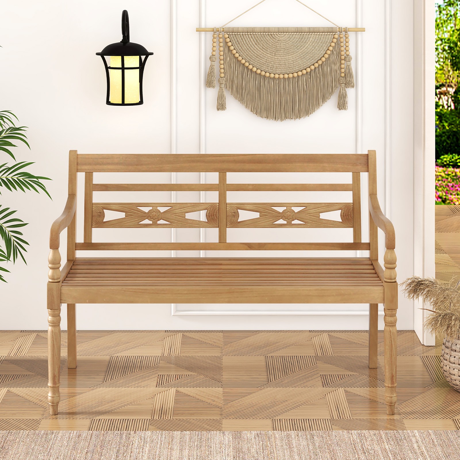 2-Person Garden Bench w/ Wide Backrest & Curved Armrests for Backyard