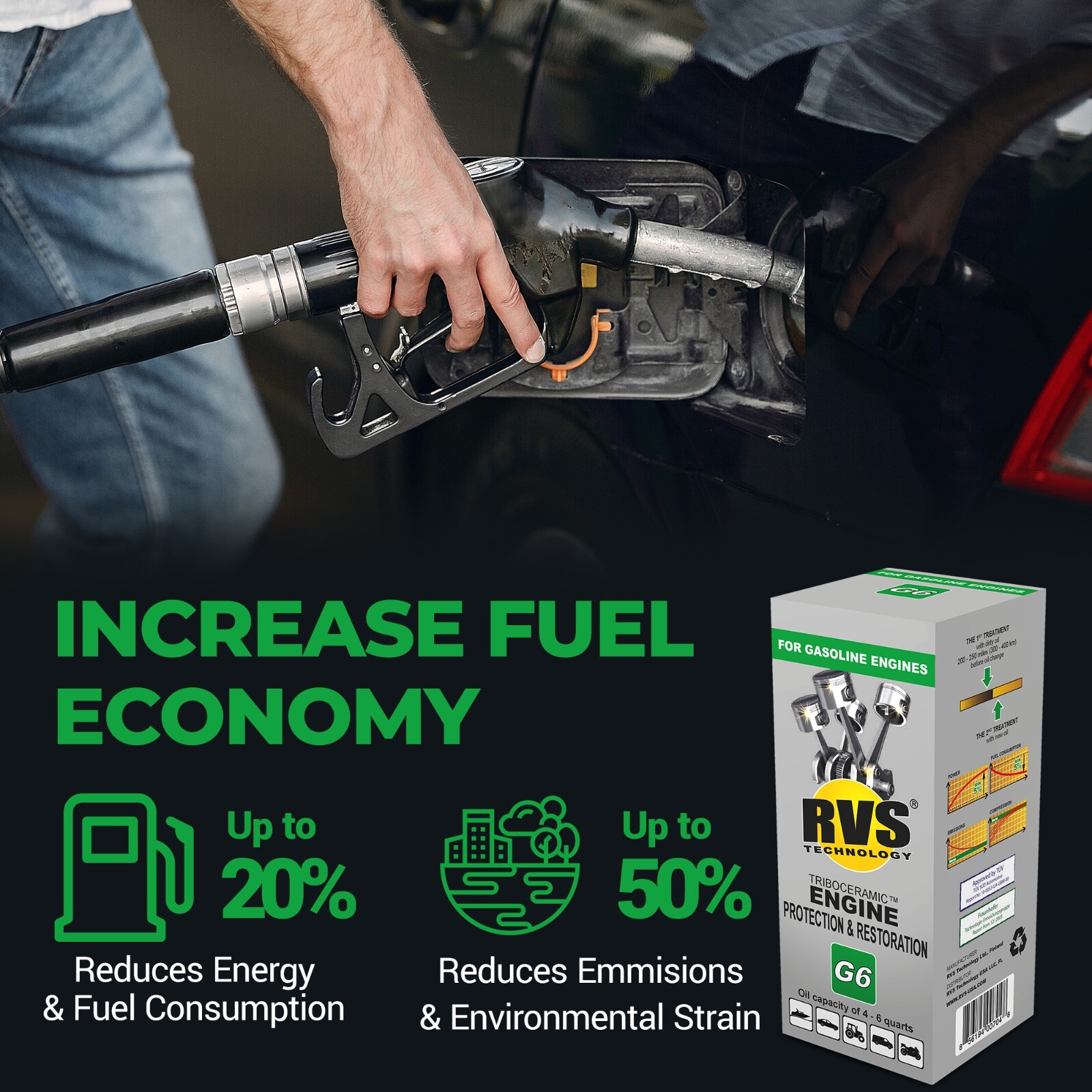 RVS Technology G6 engine treatment. Restore your engine, increase fuel economy!