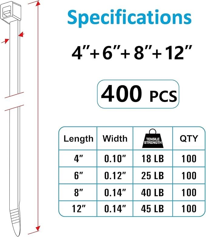 Zip Ties Assorted Sizes(4”+6”+8”+12”), 400 Pack, Black Cable Ties, UV Resistant