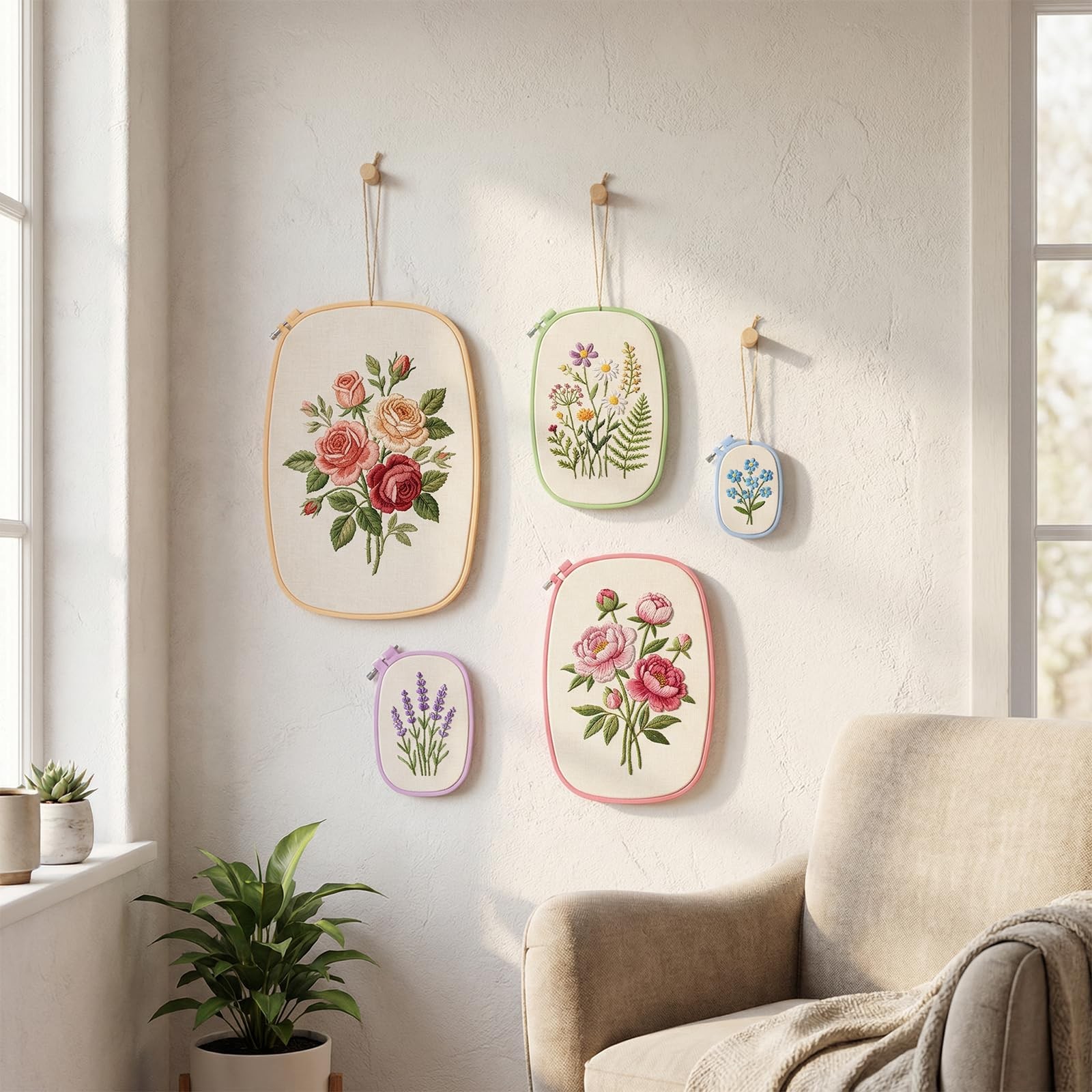 5 Size Rectangular Embroidery Hoops Set, Blue, Purple, Green, Pink, Yellow