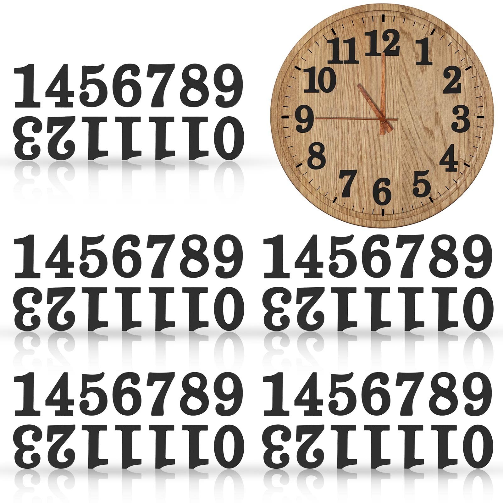 75 Pcs 5 Sets Wooden Clock Numbers Kit Self Adhesive for DIY Decoration Black