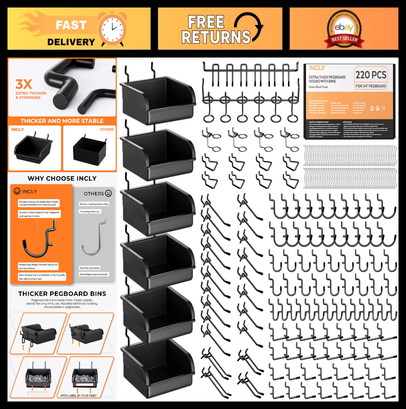 220PCS Heavy Duty Pegboard Organizer Kit - Thick Black Hooks, Bins & Peg Lock fo