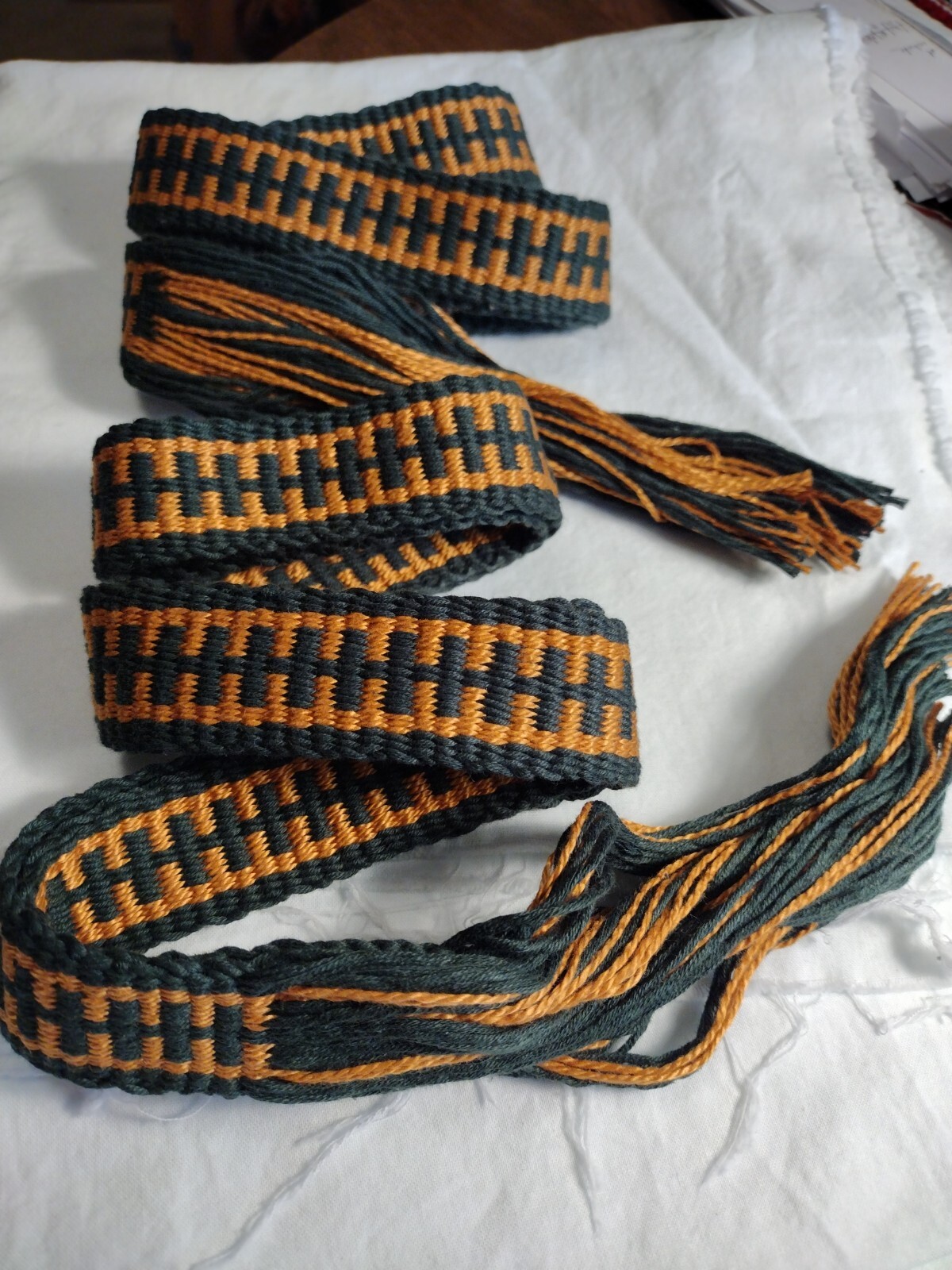 Item22945 Pair of leg ties/garters, powder horn straps green/gold 42.5 x 1  1/8