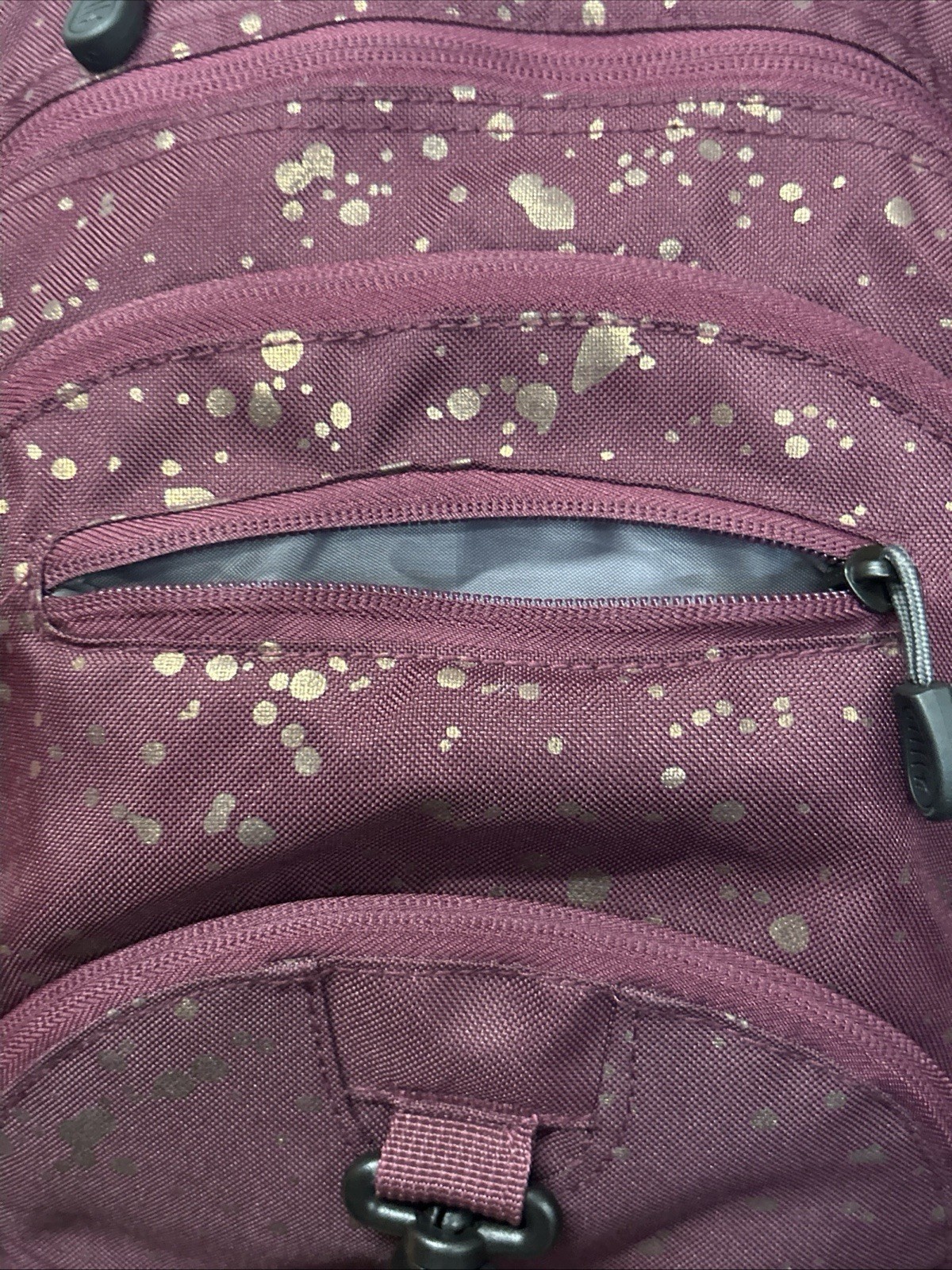 High Sierra Loop Backpack Bookbag Gold Splatter Pattern Maroon Bag