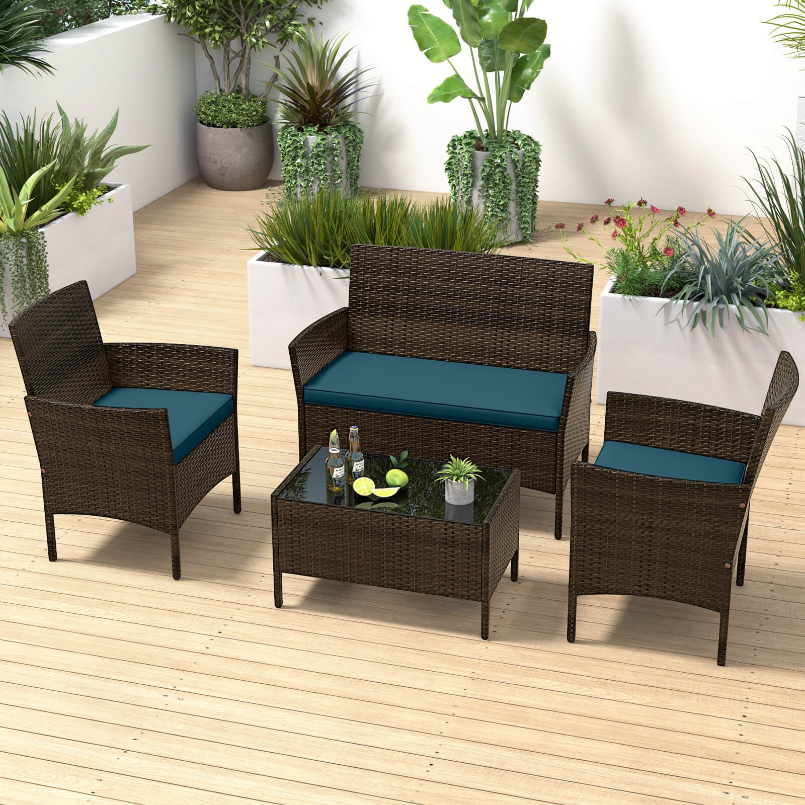 8 PCS Patio Furniture Set w/Washable Cushions and Tempered Glass Coffee Table