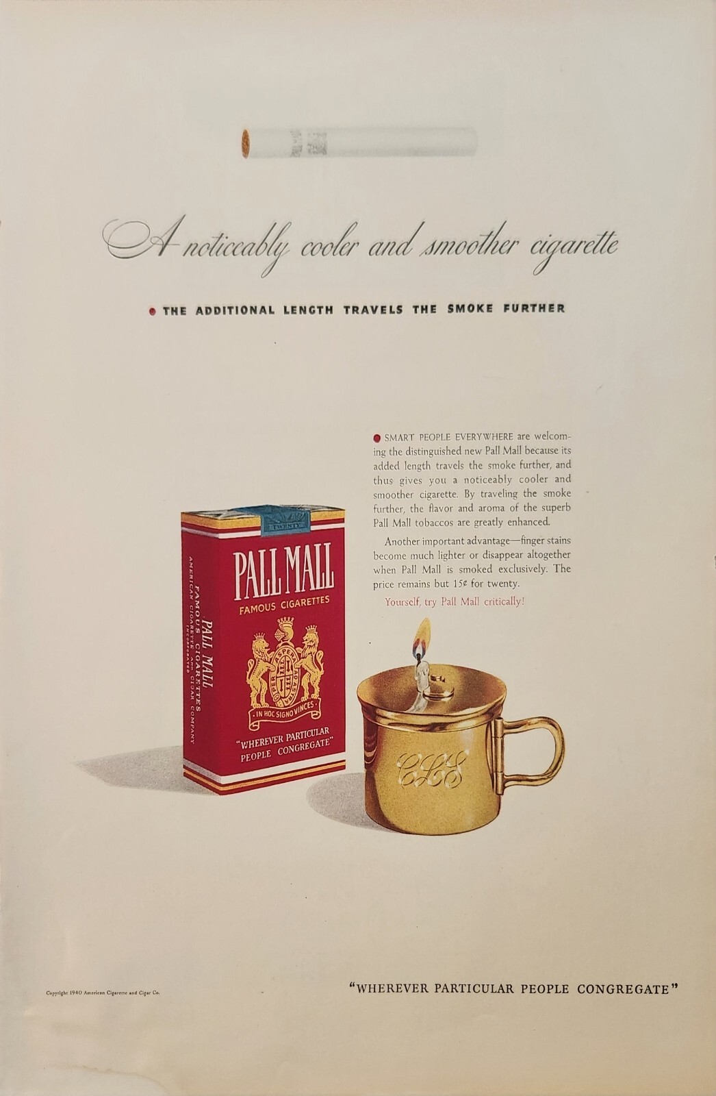 1940 Pall Mall cigarettes Vintage Ad noticeably cooler and smoother