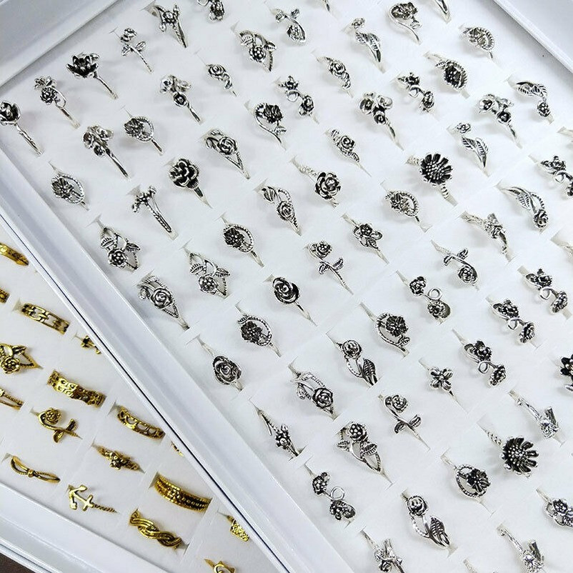 Wholesale 50-100pcs Lots Women Rose Flower Antique Silver Rings Mixed Jewelry