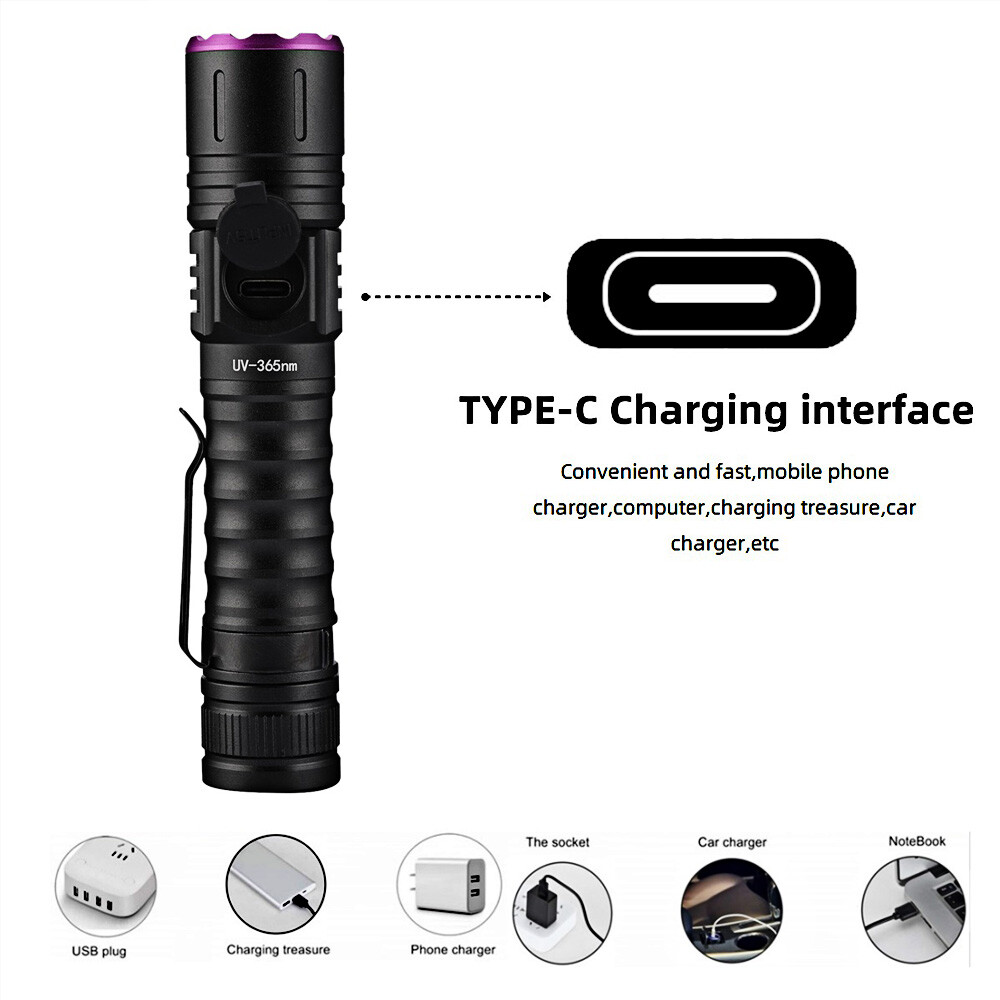 USB Rechargeable UV Light LED Flashlight 365nm Blacklight Inspect Torch Zoomable
