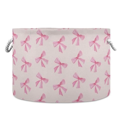 Burbuja Pink Bow Round Storage Basket with Cotton Rope Handles, Laundry A61