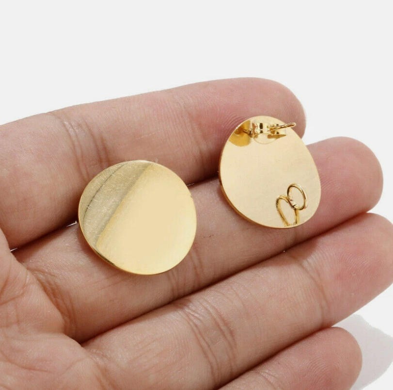 20pcs Gold Tone Stainless Steel Stud DIY Earrings Post Findings Round with Rings