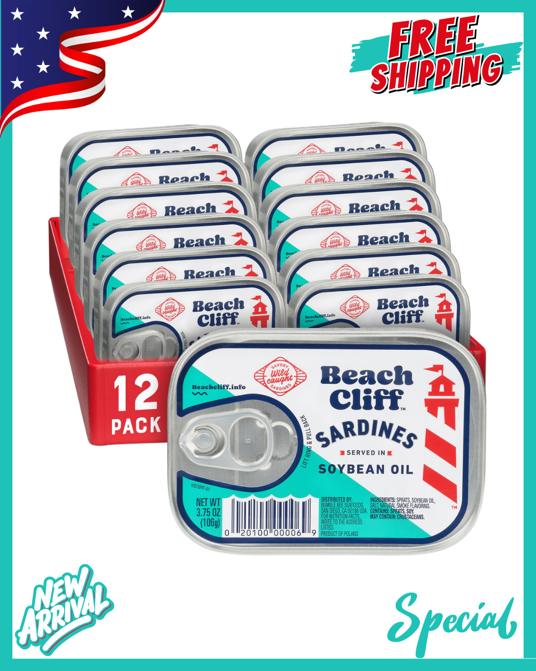 Wild Caught Sardines in Soybean Oil, 3.75 oz Can (Pack of 12) - 14g Protein p...