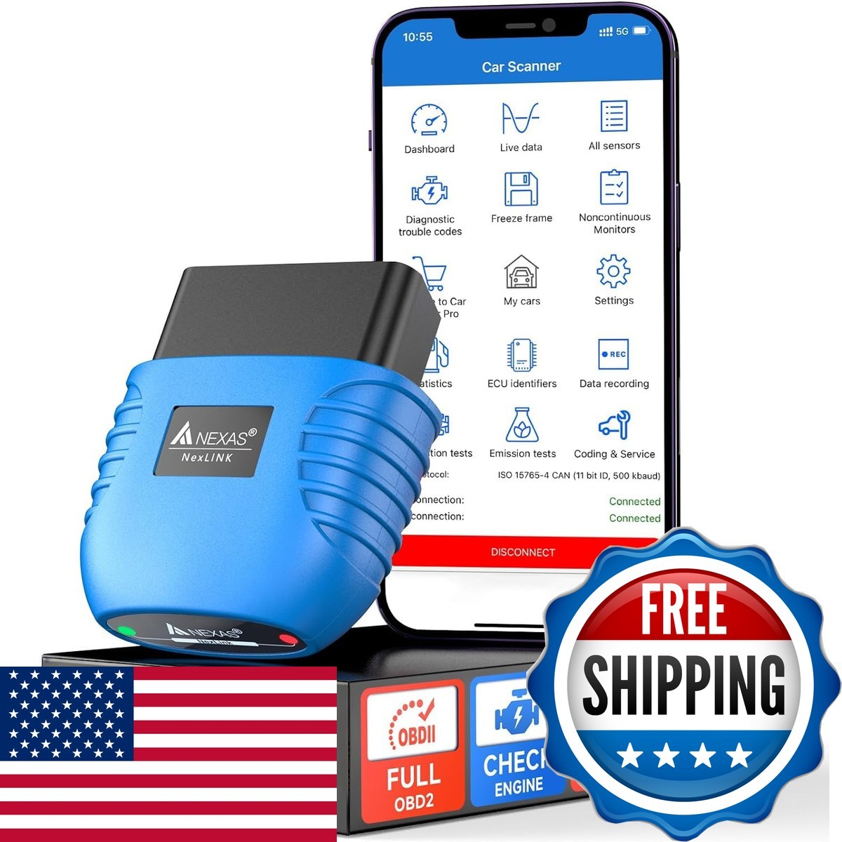 NEXAS NexLINK Bluetooth OBD2 Scanner with Live Data All US Cars