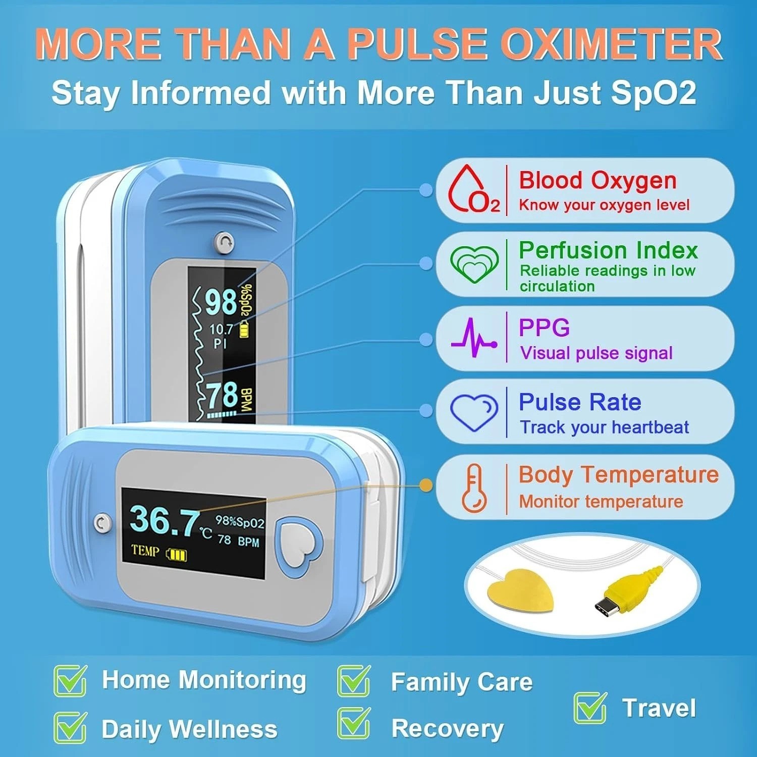 5-in-1 Pulse Oximeter with Alarm, SpO2, Temperature