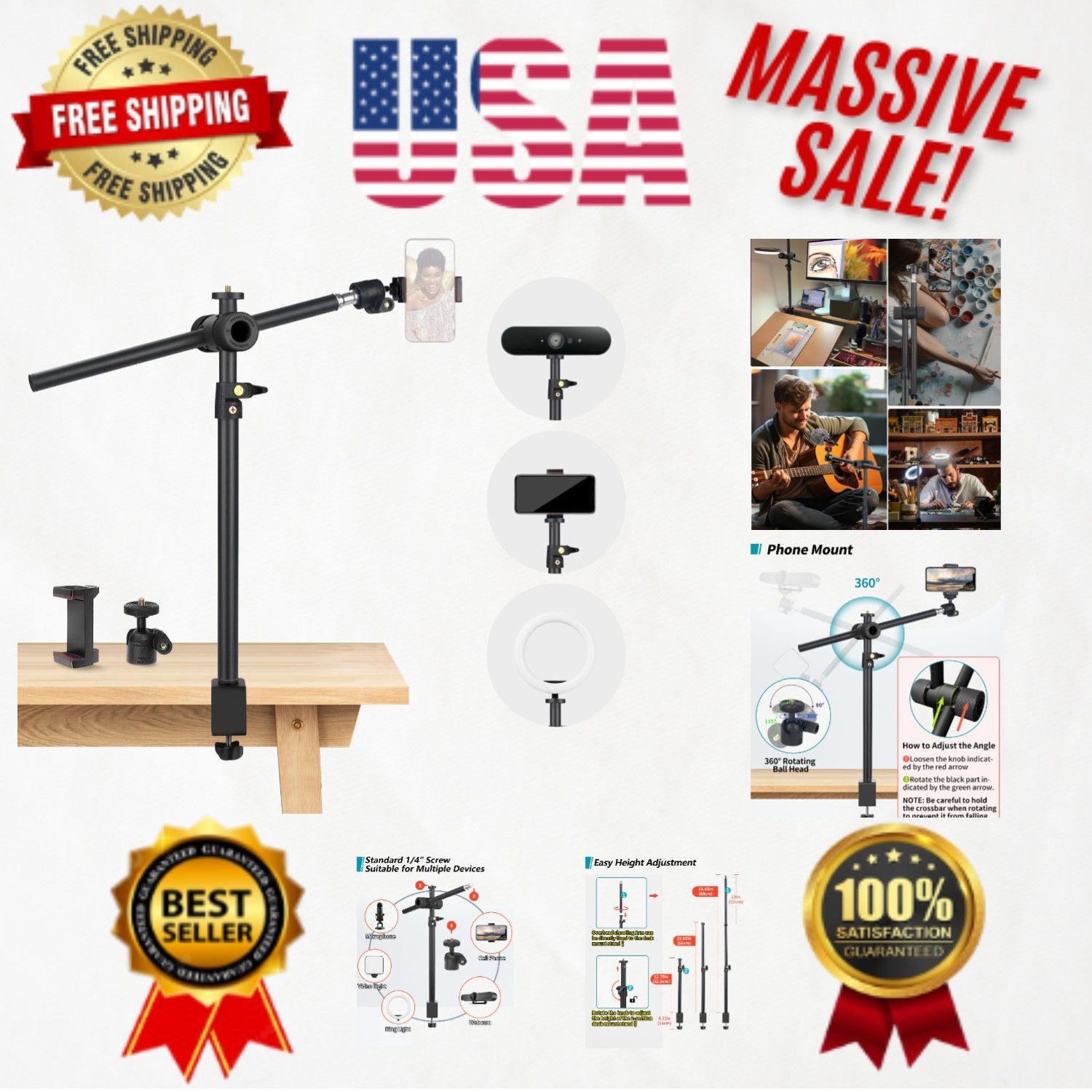 Lightweight 360° Adjustable Camera Arm Desk Stand with C-Clamp for Versatile Use