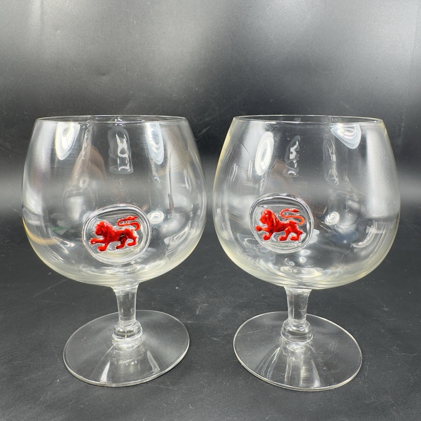 VTG Henkel House of Lords Red Lion Brandy Snifters Glasses Set 2 Cups Clear Red