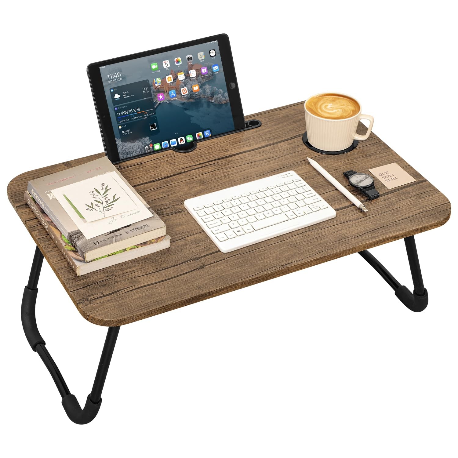 Lap Desk Laptop Bed Table Tray Small Wooden Folding Legs Cup Holder Light Brown