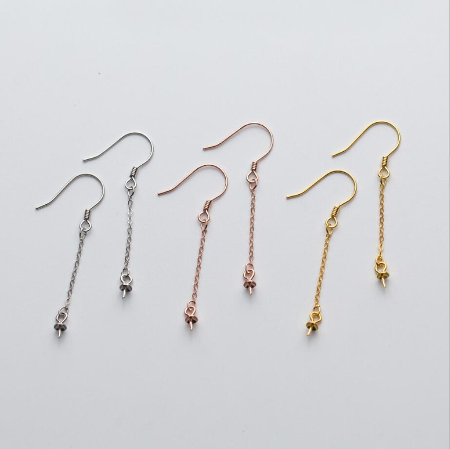 Sterling Silver Ear Wire French Hook Dangle Long Earrings w/ Pearl Cup Pin A1834