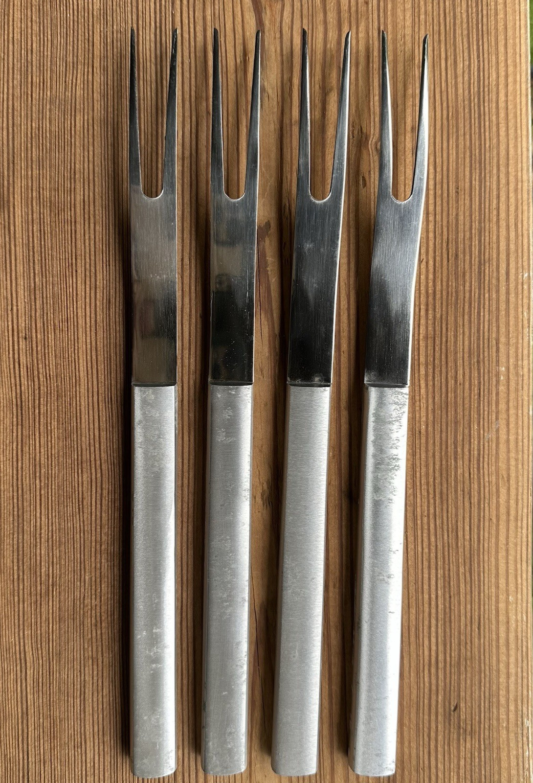 Vintage (4) Alumaline Cutlery Meat Forks Two Tines Aluminum Handles NOS