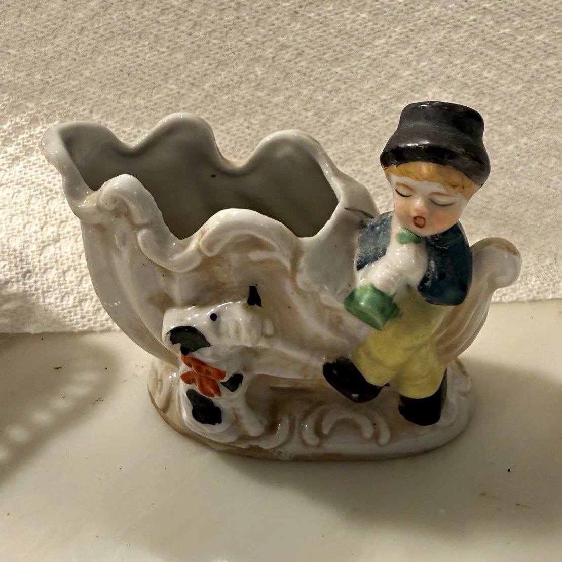 Hand Painted Glazed Ceramic Planter Boy with Dog Figurine Small White