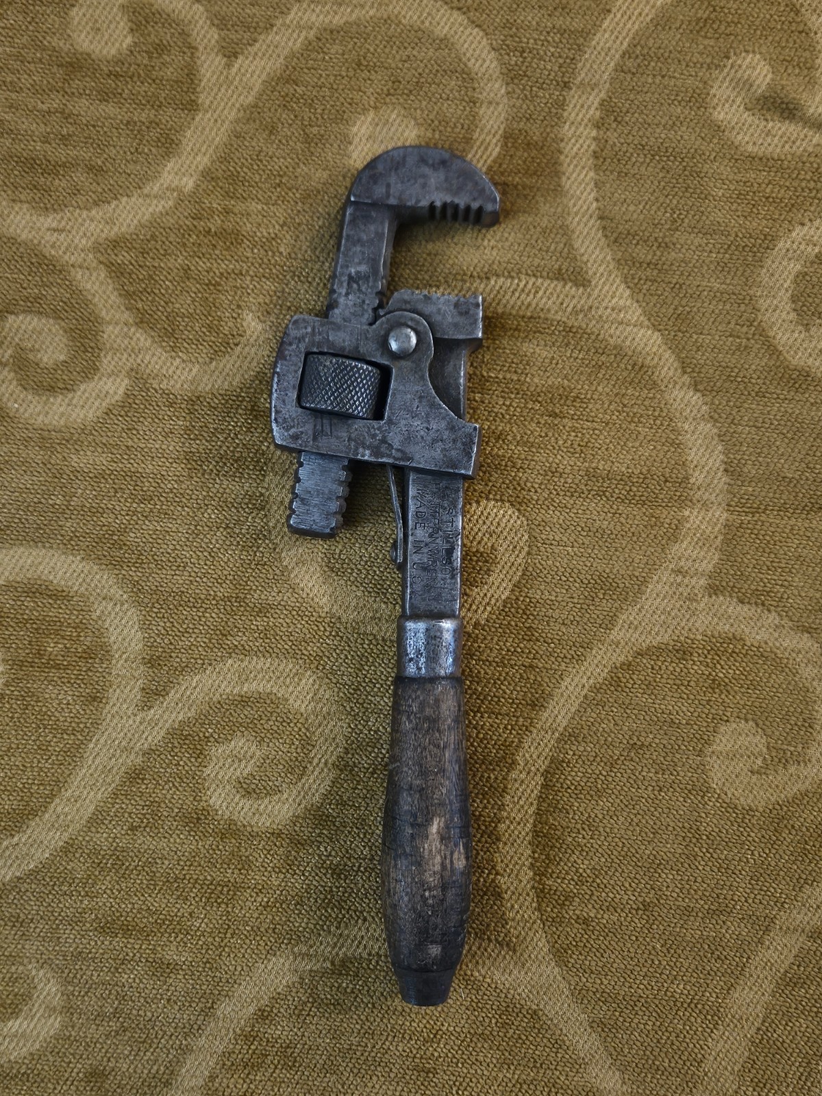 Vintage Stillson Pattern Adjustable Pipe Monkey Wrench USA Wood Handle
