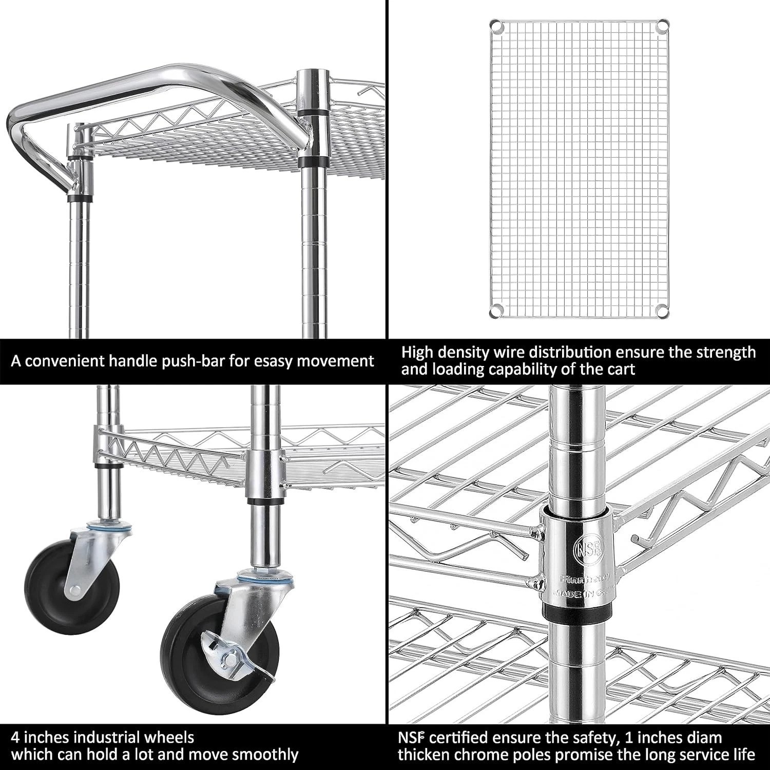 Durable 3 Tier Utility Cart with Push Handle - Ideal for Kitchen & Warehouse Use