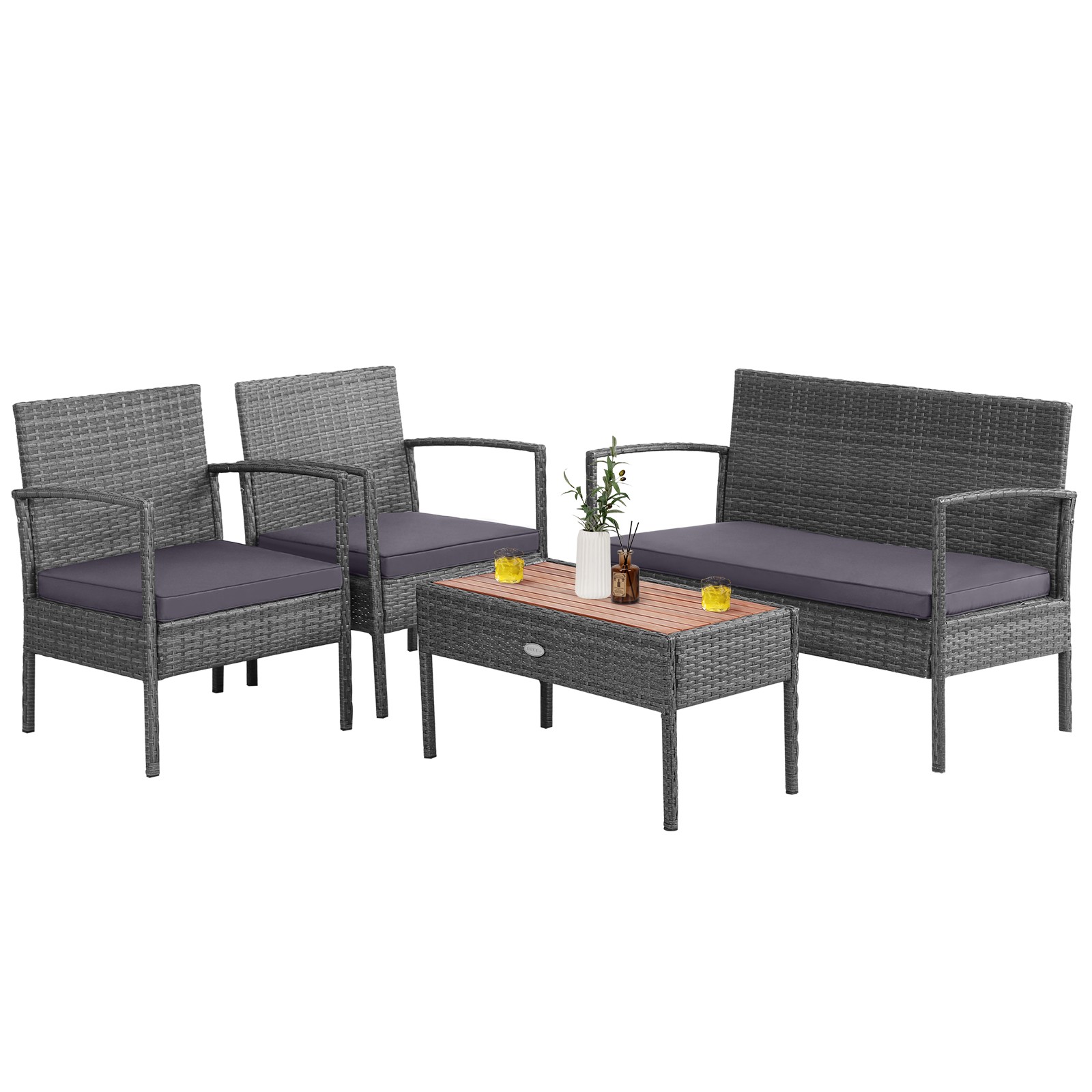 4PCS Patio Rattan Furniture Set Cushioned Chair Wooden Tabletop Outdoor Gray