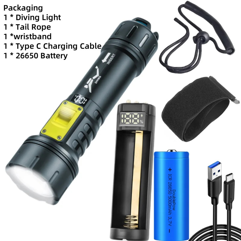 New P70 Diving Flashlight IPX8 Waterproof Digital Charging Case Underwater Torch