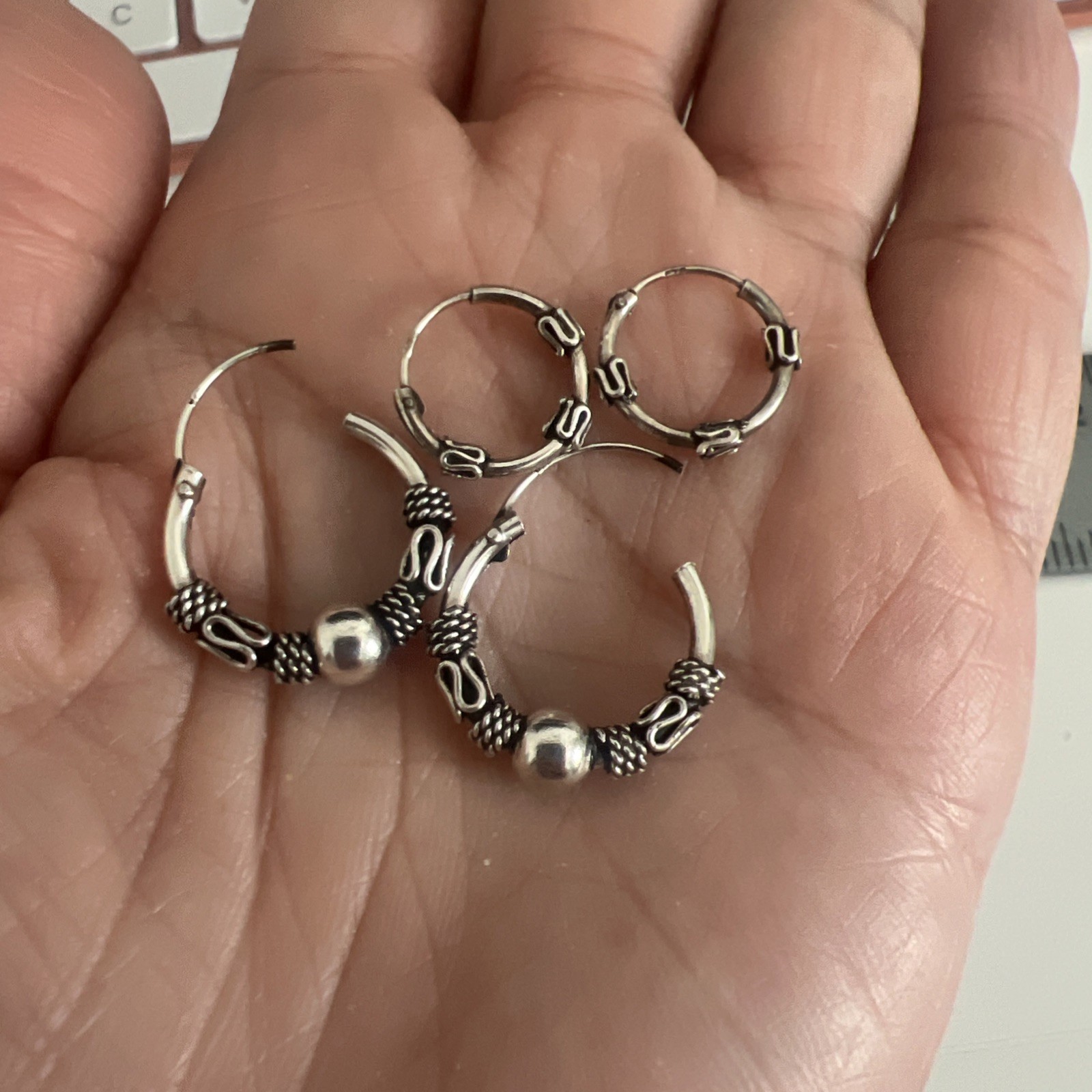 2 Pairs 925 Sterling Silver Jewelry Bali Endless Hoop Earrings Oxide, 16MM 12MM