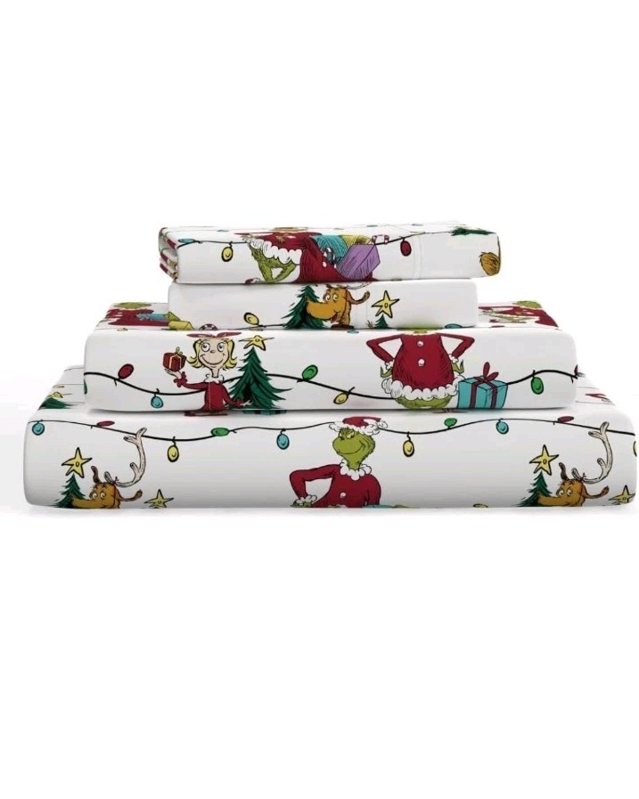 NEW The Grinch Dr Seuss Flannel Twin Size Sheet Set Christmas Holiday Bed Cover