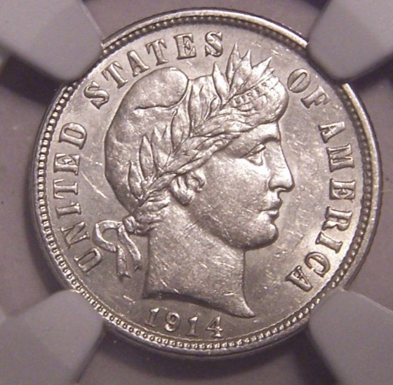 1914 D Barber Silver Dime AU 58 NGC