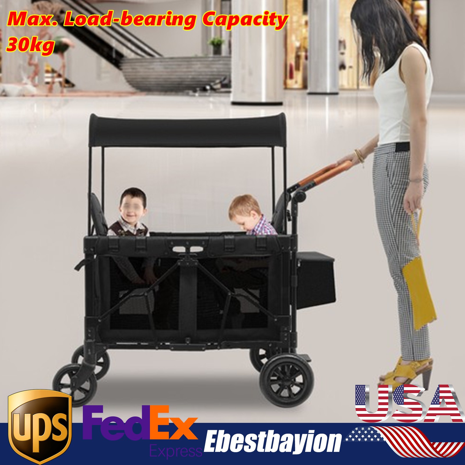 2-Seat Stroller Wagon with 5-Point Harnesses, Kids Wagon Stroller with Sunshade