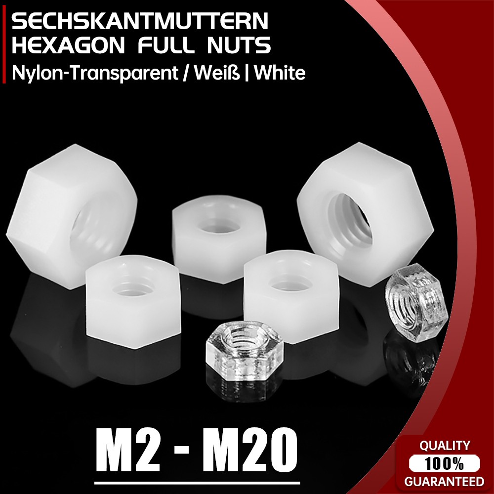 M2 M2.5 M3 M4 M5 M6 M8 M10 M12-M20 White Nylon Hex Hexagon Full Nuts Plastic Nut