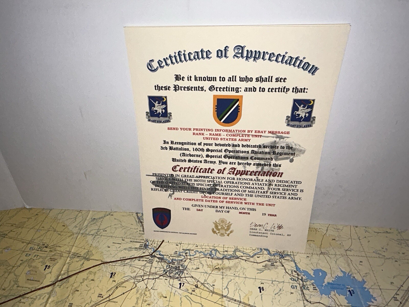 U.S. ARMY - 3RD BN / 160TH S.O.A.R. (AIRBORNE) CERTIFICATE OF APPRECIATION