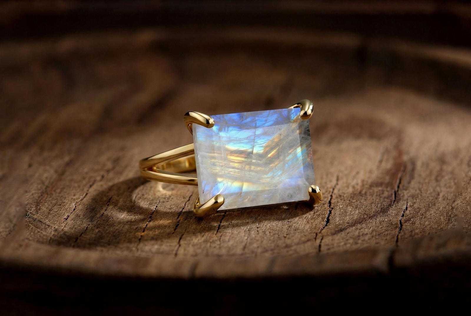 Sterling Silver Moonstone Ring Rainbow Rectangle Cut Birthstone Gift