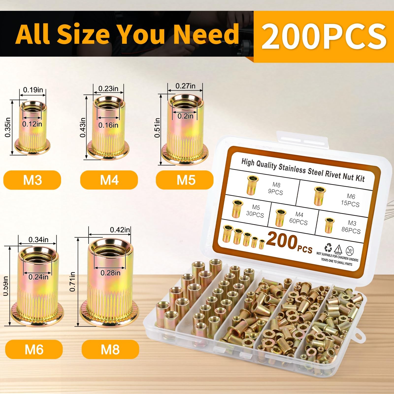 200PCS Metric Rivet Nut Kit M3 M4 M5 M6 M8 Rivnut Threaded Insert Assortment...