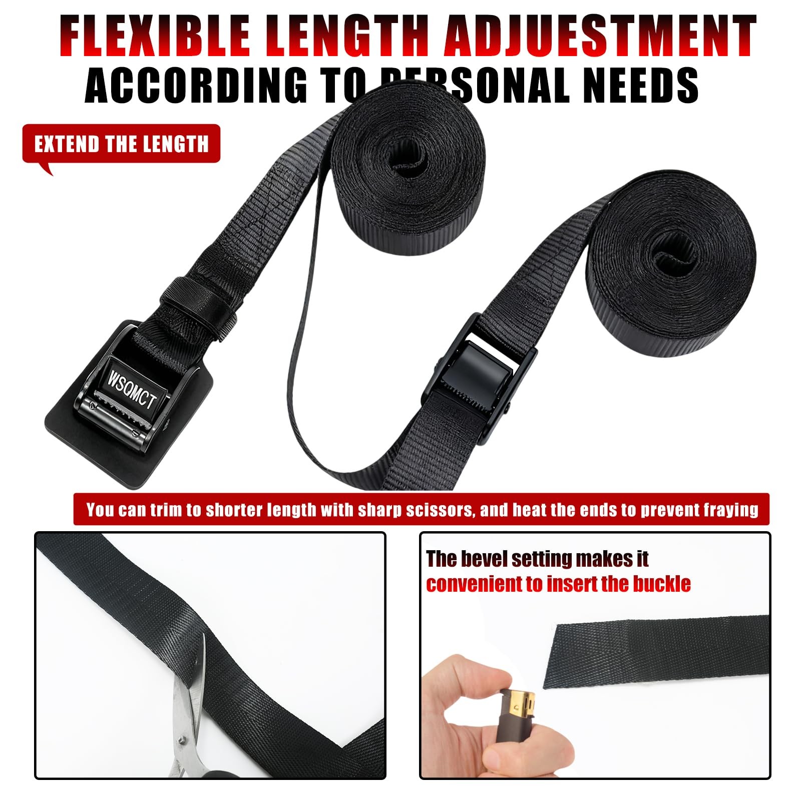 4 Pack Cam Buckle Tie Down Straps Adjustable Lashing 1''×8', Black