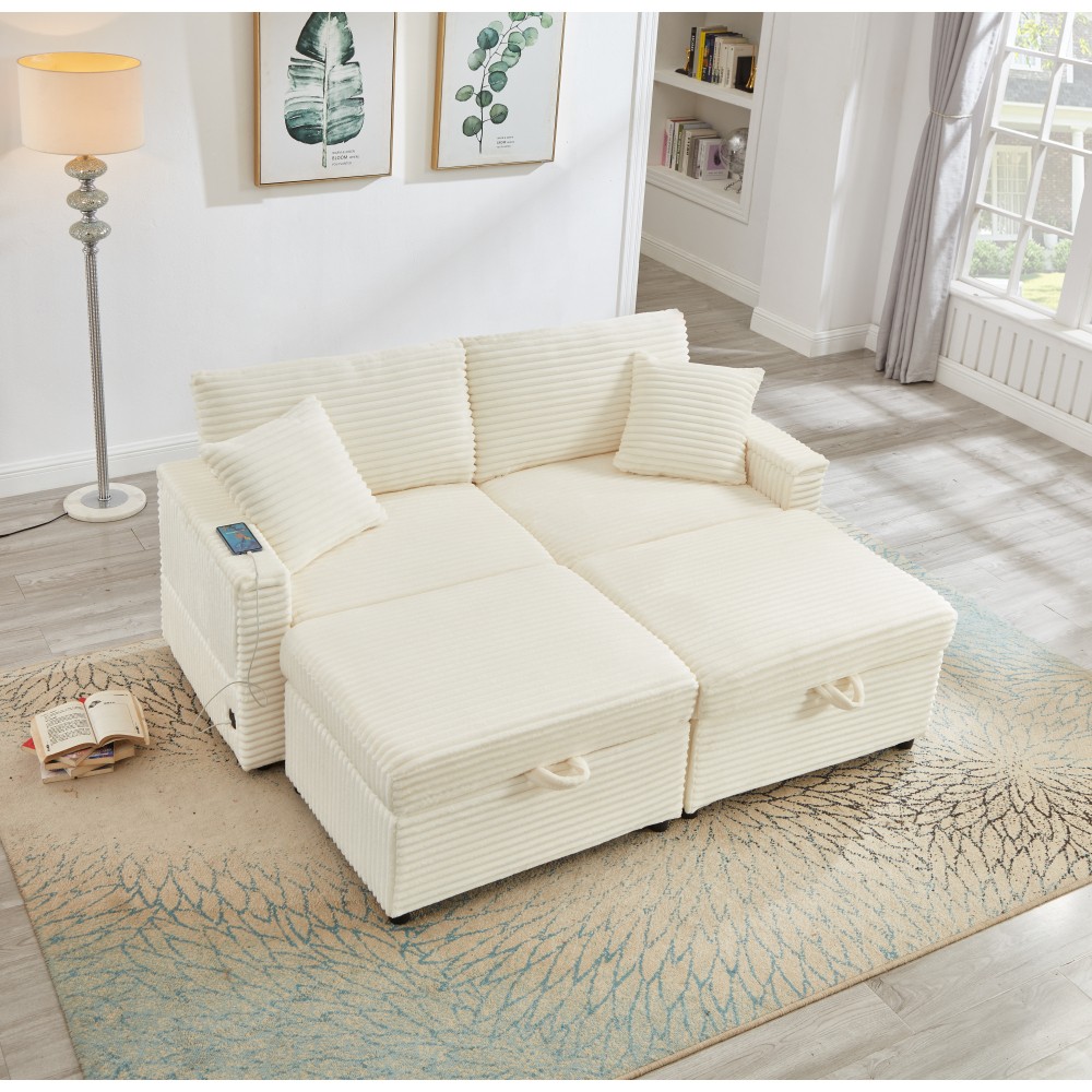 Soft Corduroy Storage Sofa w/ Ottomans & Table Board, White