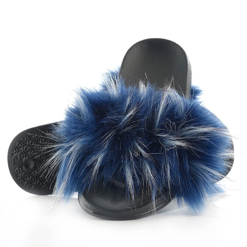 JM Wear Women's Sexy Luxury Furry Slippers, Faux Fox Fur  [Navy Blue, 9/10]