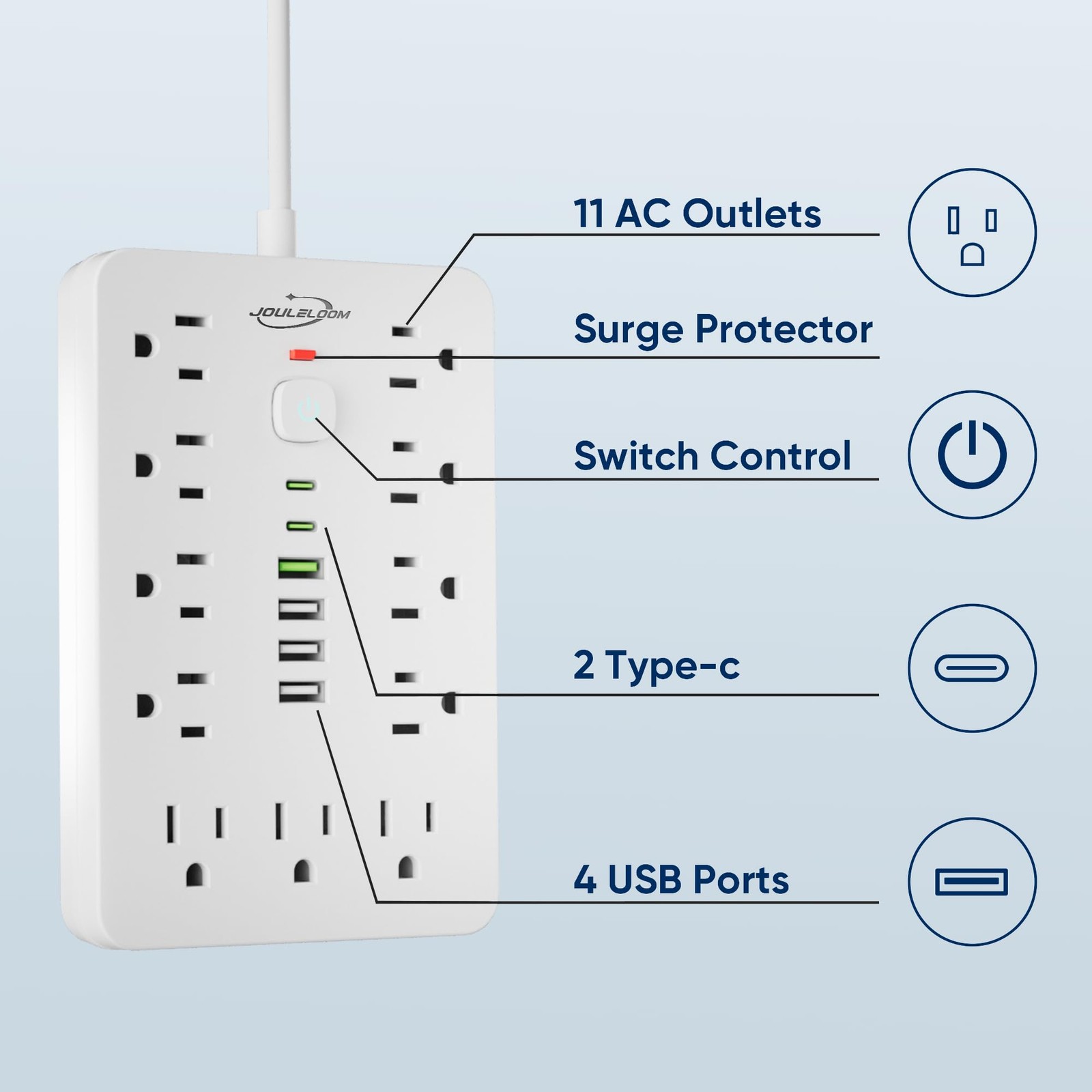 10 FT Flat Plug Surge Protector Power Strip11 Multiple AC Outlets with 6 USB ...