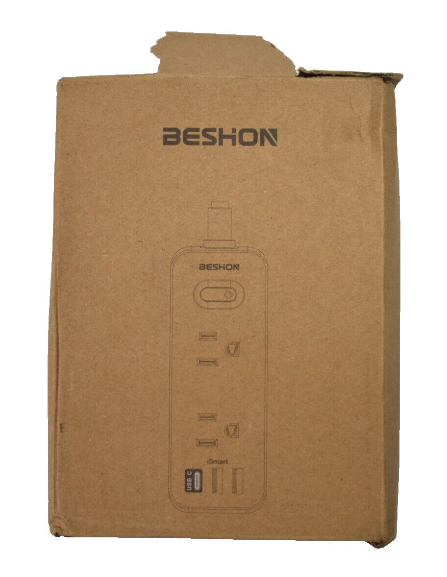 Beshon 10' Extension Cord Surge Protector Power Strip 6 AC Outlets White