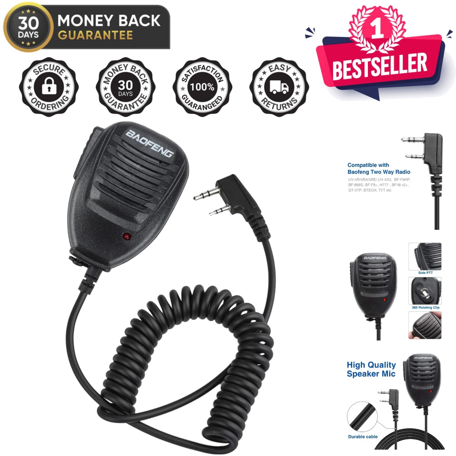 BF-S112 Two Way Radio Speaker, Black Auxiliary Clip Microphone – Clear Sound
