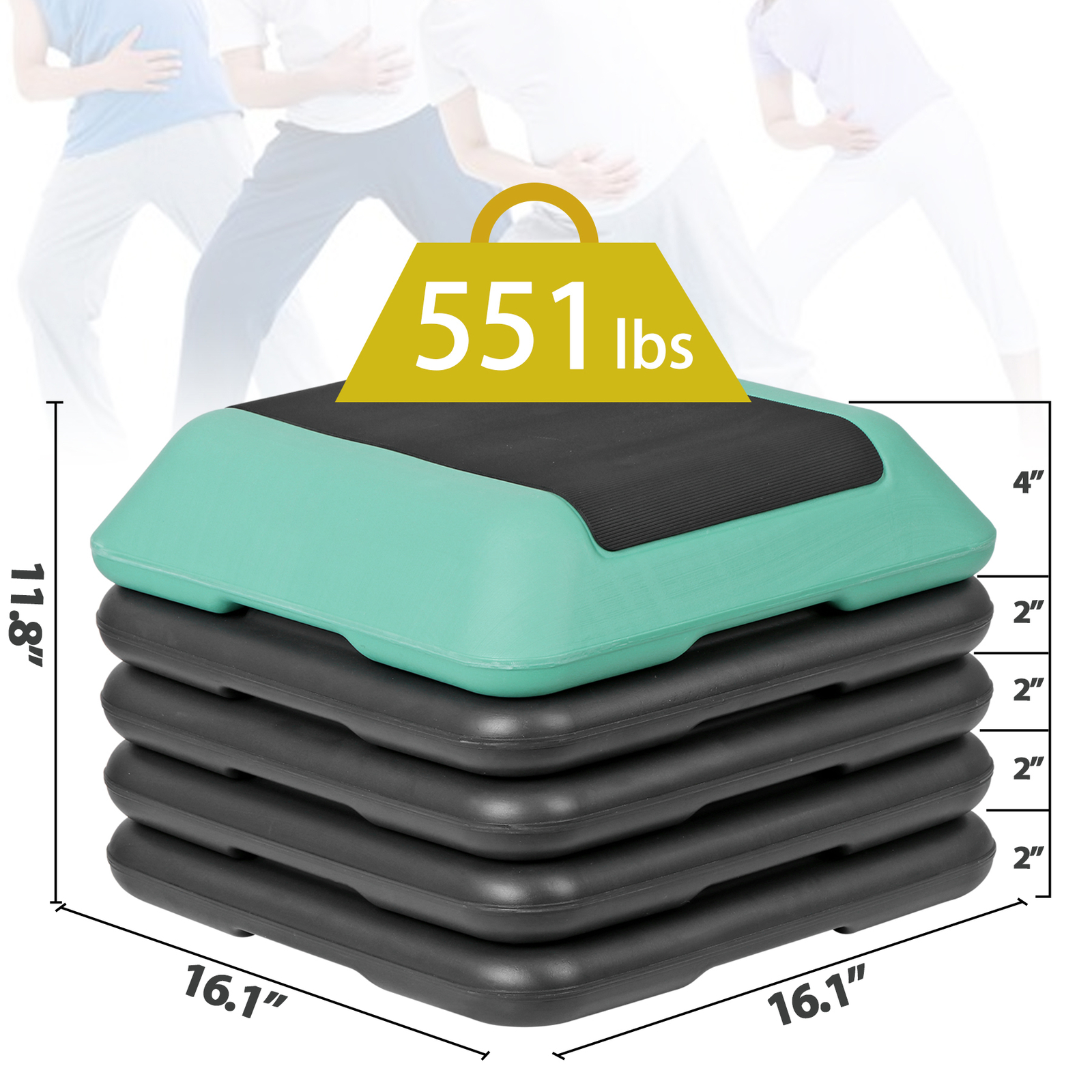 16" Adjustable Aerobic Stepper Exercise Workout Step Platform with 4 Riser Green