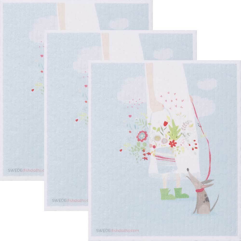 Girl and Bouquet Set of 3 cloths (One of each design) Swedish Dishcloths ECO  Ab