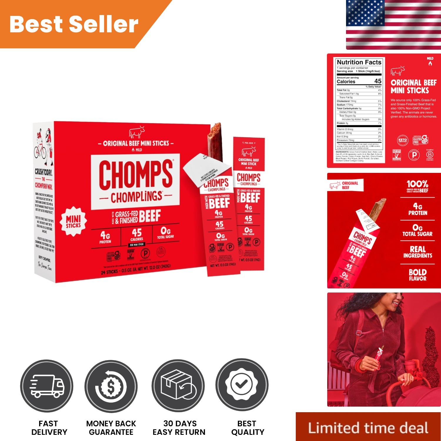 Deliciously Bold Grass-Fed Beef Jerky Sticks - 24 Snack Size, Paleo Approved