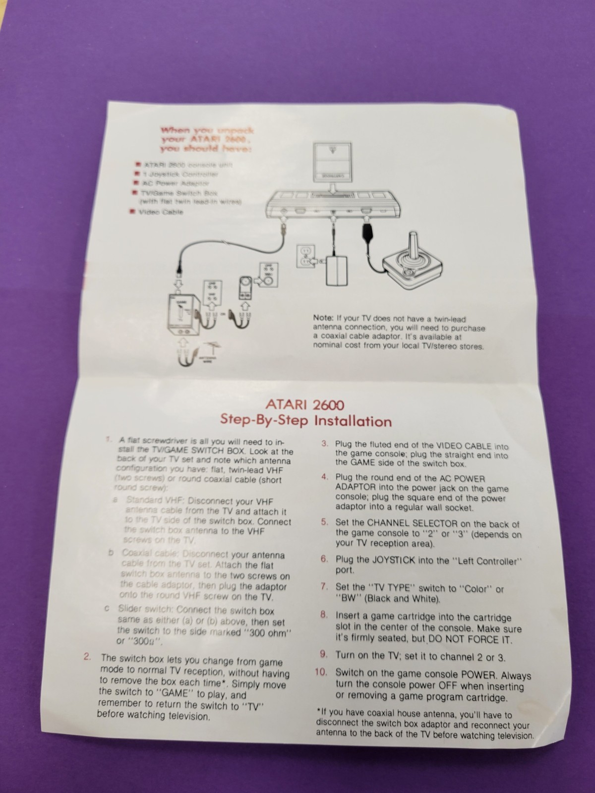 1986 Atari 2600 Installation Manual Only
